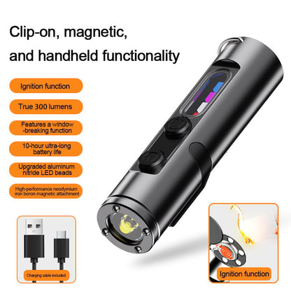 🔦Pocket Rechargeable EDC Flashlight:  Mini Keychain Light with Fire Starter & Window Breaker