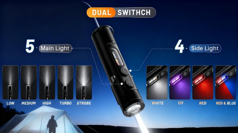 🔦Pocket Rechargeable EDC Flashlight:  Mini Keychain Light with Fire Starter & Window Breaker